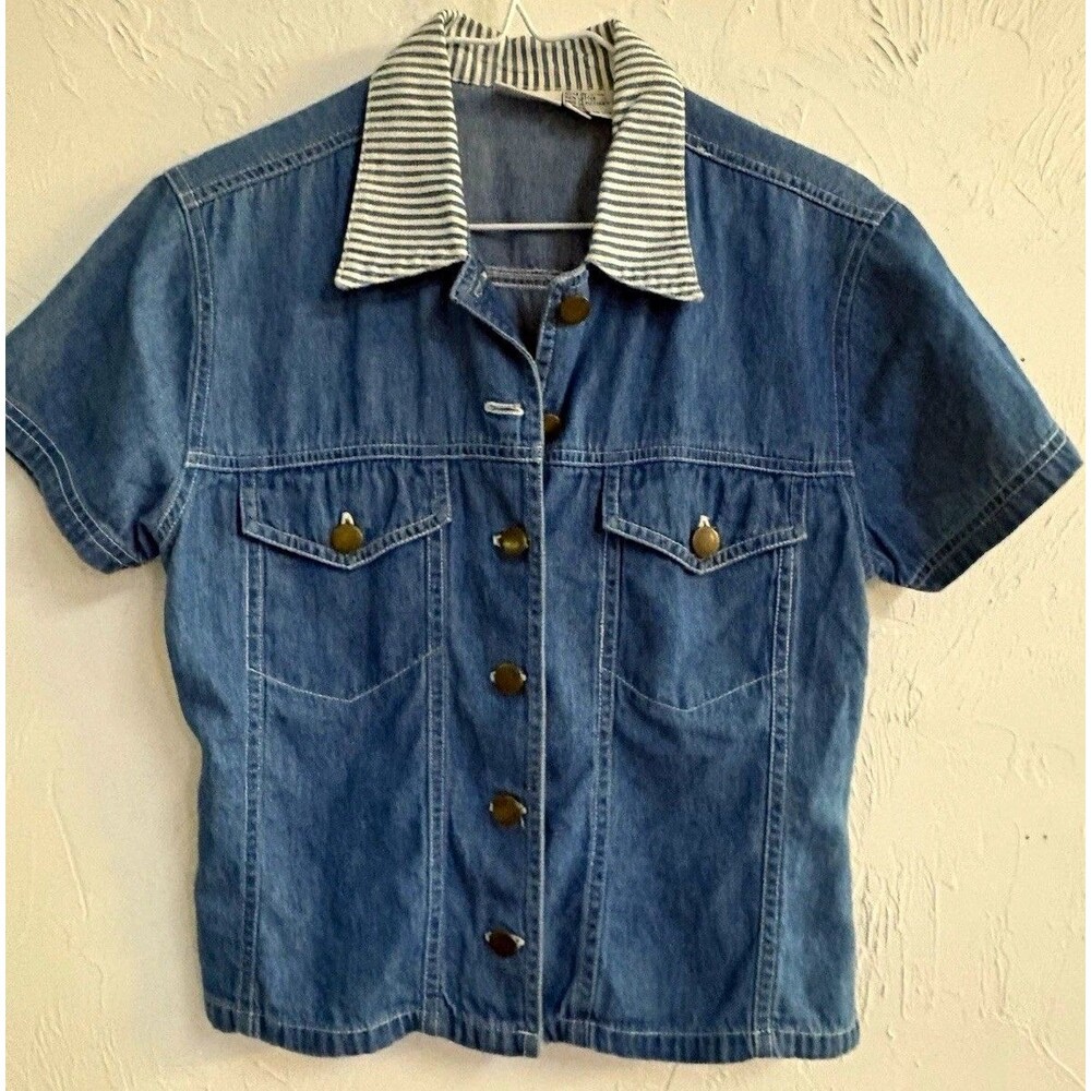 Styleworks Vintage Women’s Button-Up Top M Blue Denim Collared Short Sl. J10455